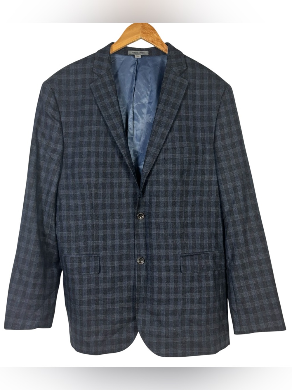 Johnston & Murphy Blazer Sport Coat Blue Gray Plaid Wool 2 Button Men's Large